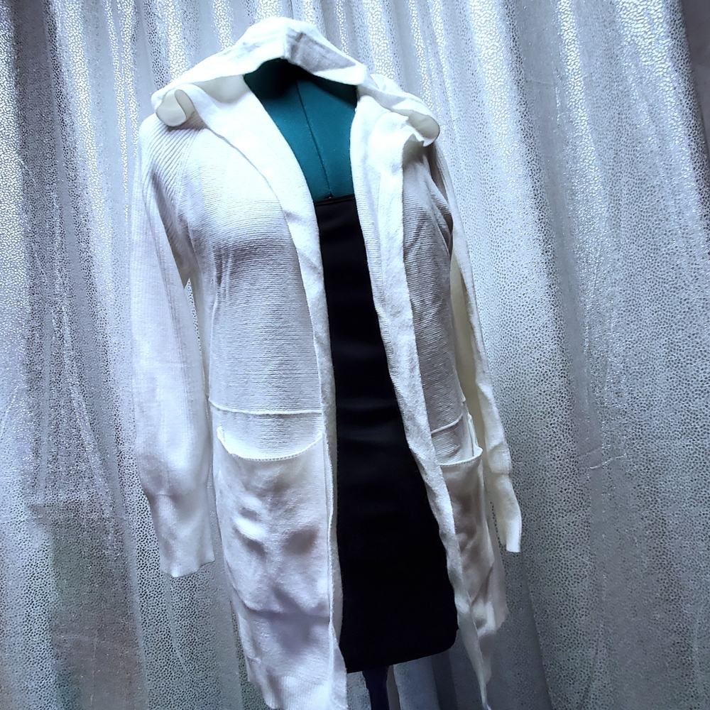 White Hooded Long Sleeve Open Front Cardigan - Picture 9 of 11